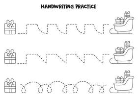 Tracing lines with Christmas sleigh and presents. Writing practice. vector