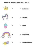 Matching game. Match unicorn pictures with words. vector