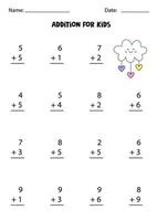 Addition worksheet with cute kawaii cloud. Math game. vector