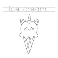 Trace the letters and color unicorn ice cream. Handwriting practice for kids. vector