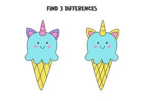 Encuentra 3 diferencias entre dos lindos helados de unicornio. vector