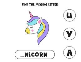 Find missing letter with cute unicorn. Spelling worksheet. vector