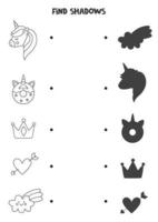 Find the correct shadows of black and white unicorn elements. Logical puzzle for kids. vector