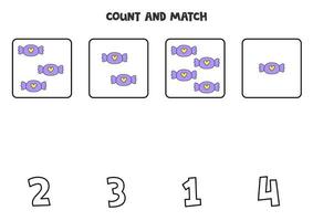 Counting game with purple candies. Math worksheet. vector