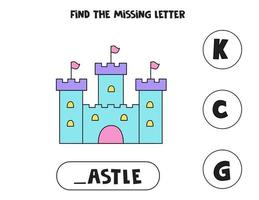 Find missing letter with cartoon castle. Spelling worksheet. vector