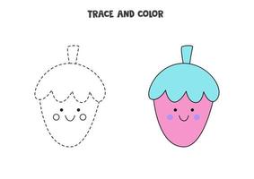 Trace and color cute kawaii strawberry. Worksheet for girls. vector