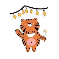 Hand drawn cute tiger waves his hand and holds sparkler, above him hangs a garland. symbol of New Year 2022. vector