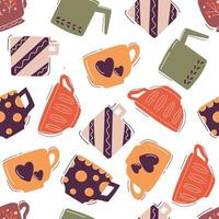 Modern seamless pattern of hand drawn flat cups. Flat illustration for print design, menu, wrapping etc. vector