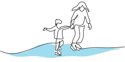 Continuous one single line of mommy and her boy playing ice skating vector