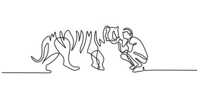 Continuous one single line of man playing with big tiger or lion vector