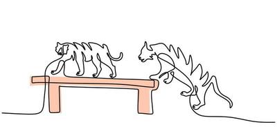 Continuous one single line of two tigers playing on board for circus vector