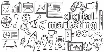 Establecer marketing digital de negocios doodle dibujado a mano para promoción de ventas vector