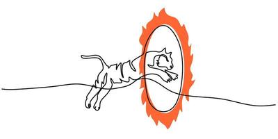 Continuous one single line of big tiger jumping through fire circle vector