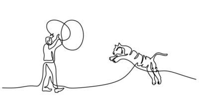 Continuous one single line of man playing with big tiger vector