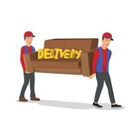 Two deliverymen carrying sofa isolated cartoon characters on white background. Male loaders wearing uniform. Moving house, relocation service workers vector