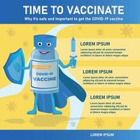 Vaccination concept design. Time to vaccinate banner - vaccine vial like a superhero wearing a cape and shows his muscles. vector