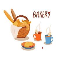 Hand drawn lettering and illustration of bakery products isolated on white background. Wicker basket full of fresh broad and croissants. Tea mugs with pieces of lemon. vector