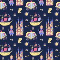 Seamless pattern with  princess stuff on deep blue. Carriages, castles, ships, scrolls, shoes, wall clocks, envelopes. Great for baby or girls fabrics, wrapping papers, wallpapers, covers. vector