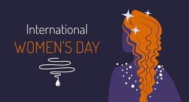 International Women's Day greeting card. Vector illustration of a purple background with the silhouette of a redhead woman for 8 March.