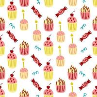 Vector seamless pattern with cute cartoon cupcakes and candies.