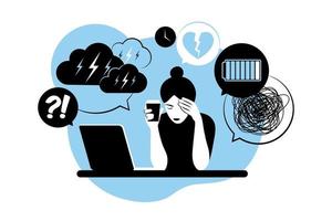 Woman in depression with bewildered thoughts in her mind. Young sad girl sitting at laptop. Vector illustration. Flat.