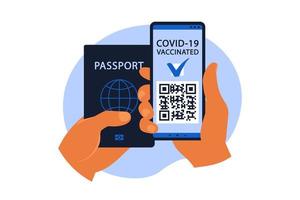 Electronic COVID-19 passport concept. The vaccinated person using QR code on mobile phone for safe travelling during the pandemic. Vector illustration. Flat.