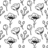 Floral seamless pattern with hand drawn spring cherry flowers and buds. Vector illustration in sketch style isolated on white.