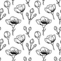 Floral seamless pattern with hand drawn spring cherry flowers and buds. Vector illustration in sketch style isolated on white.