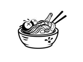 fideos de albóndigas en un tazón de fuente de comida callejera indonesia logo mascota ilustración en vector de estilo de contorno