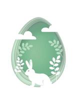 Paper cut of tender blue green easter egg with rabbit, clouds, flowers and branches. 3d abstract vector illustration isolated on white. Greeting card happy easter