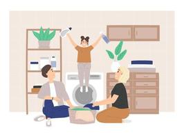 Happy family in laundry room vector