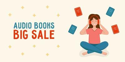 audio books big sale template with girl vector