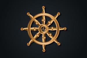 Golden Dharma wheel. Buddhism sacred symbol. Dharmachakra. Vector illustration isolated on black background