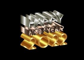 2022 Happy New Year, number and text 3D logo, gold, bronze, silver texture. Holiday greeting card. Vector illustration isolated on black background for banner, invitation, calendar, party, vip card