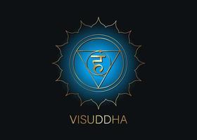 Visuddha del quinto chakra de la garganta con el mantra de la semilla en sánscrito hindú vam. símbolo de estilo de diseño plano azul y dorado para meditación, yoga. vector de plantilla de logotipo redondo aislado sobre fondo negro
