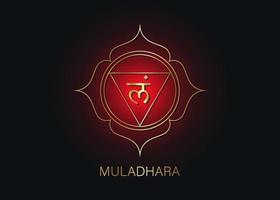 Plantilla de logotipo de chakra muladhara. primer símbolo del chakra raíz. Meditación de signo sacro rojo y dorado, vector de icono de mandala de yoga aislado sobre fondo negro