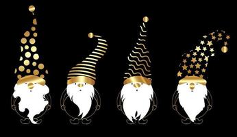 conjunto de gnomo de Navidad dorado, gnomo nórdico escandinavo, lindas bolas de Navidad elfo gnomo de santa. vector aislado sobre fondo negro. Elementos de oro de Navidad para diseño, invitaciones y tarjetas de felicitación.