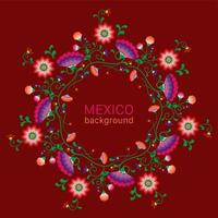Embroidery mandala flowers folk pattern with Polish and Mexican influence. Trendy ethnic decorative traditional floral round frame design, for fashion, interior, stationery. Vector isolated on red