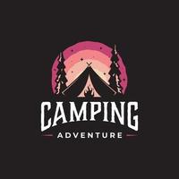 Vintage Camping and outdoor adventure logo. Vector illustration with camping tent and forest silhouette