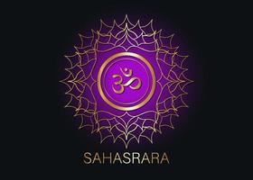 séptimo chakra sahasrara logo plantilla. símbolo del chakra de la corona, meditación del signo sacro dorado púrpura, icono de mandala redondo de yoga. símbolo de oro om en el centro, vector aislado sobre fondo negro