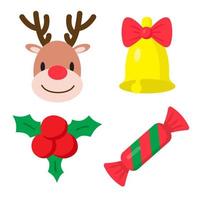 Set of winter holidays elements. Merry Christmas and happy New Year celebration. Reindeer, jingle bell, holly berry and candy. Vector illustration in cartoon cute style. Prints for seasonal decor