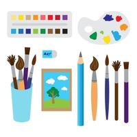 Big set or art supplies for painting and drawing. Different brushes, eraser, pencil, paints, color palette and painting. Goods for artist and creative person. Children education and development