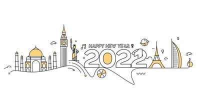 Feliz año nuevo 2022 texto con patrón de diseño de mundo de viajes, ilustración vectorial. vector