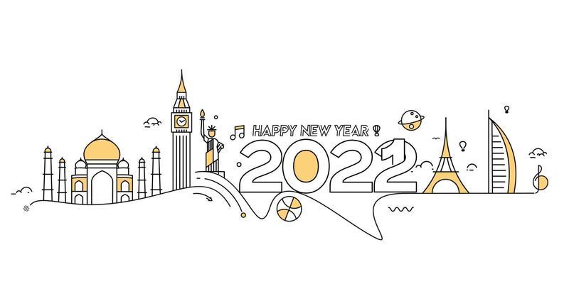 Happy New Year 2022 Text with travel world Design Patter, Vector illustration.