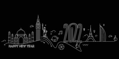 Happy New Year 2022 Text with travel world Design Patter, Vector illustration.