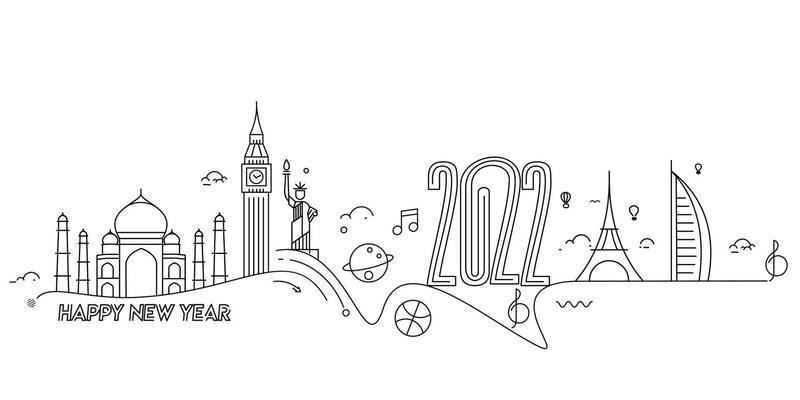 Happy New Year 2022 Text with travel world Design Patter, Vector illustration.