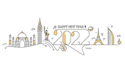 Feliz año nuevo 2022 texto con patrón de diseño de mundo de viajes, ilustración vectorial. vector