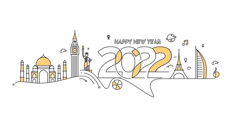 Happy New Year 2022 Text with travel world Design Patter, Vector illustration.