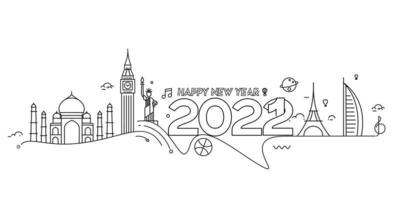 Feliz año nuevo 2022 texto con patrón de diseño de mundo de viajes, ilustración vectorial. vector