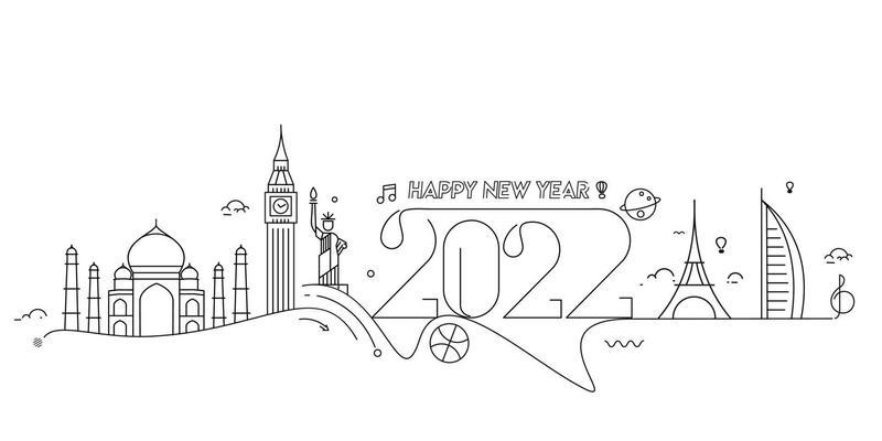 Happy New Year 2022 Text with travel world Design Patter, Vector illustration.